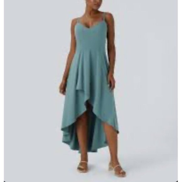 Halara Dresses & Skirts - Halara Breezeful Strappy Backless Shirred Midi Assymetriacal Hem Dress Sz Medium